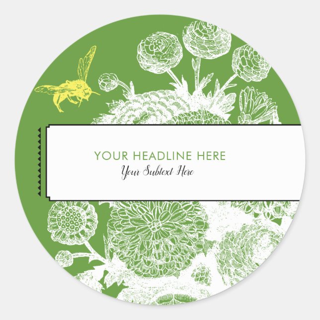 Garden Bee Toile Green Wedding Favour Label (Front)