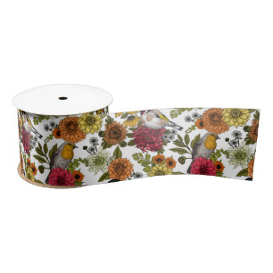 Garden birds and flowers 1 satin ribbon