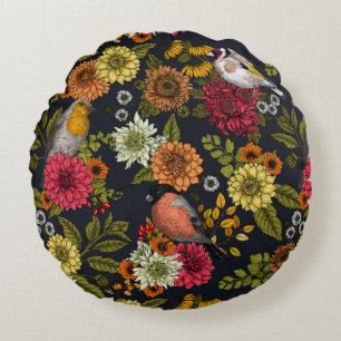 Garden birds and flowers 2 round cushion