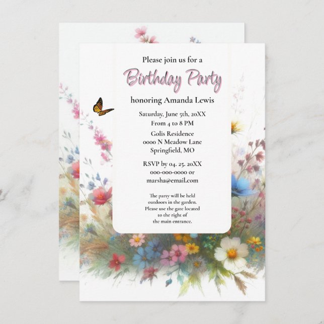 Garden Birthday Party Wildflowers Floral  Invitation (Front/Back)