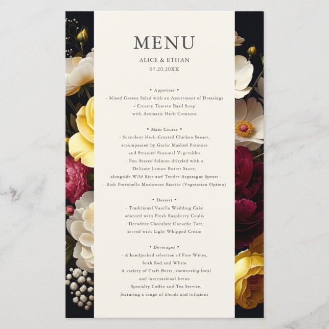 Garden Bloom Dark Wedding Menu (Front)