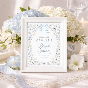 Garden Blue Floral Bridal Shower Welcome Poster