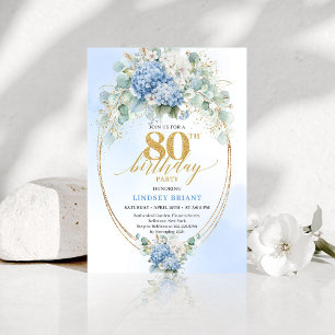Garden Blue Floral Gold 80th Birthday Invitation