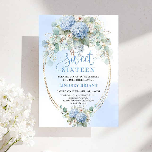 Garden Blue Floral Gold Sweet 16 Birthday Invite (Garden Blue Floral Gold Sweet 16 Birthday Invitation)