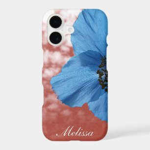Garden Blue Poppy Flower Red Sky with Monogram