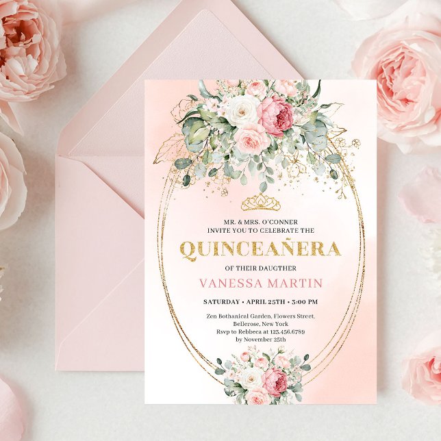 Garden Blush Pink Boho Quinceañera Floral Invite (Garden Blush Pink Boho Quinceañera Floral Invitation)