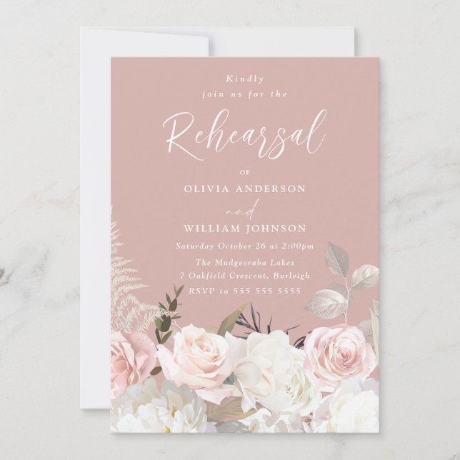 Garden Blush & White Floral Mauve Rehearsal Dinner Invitation (Front)