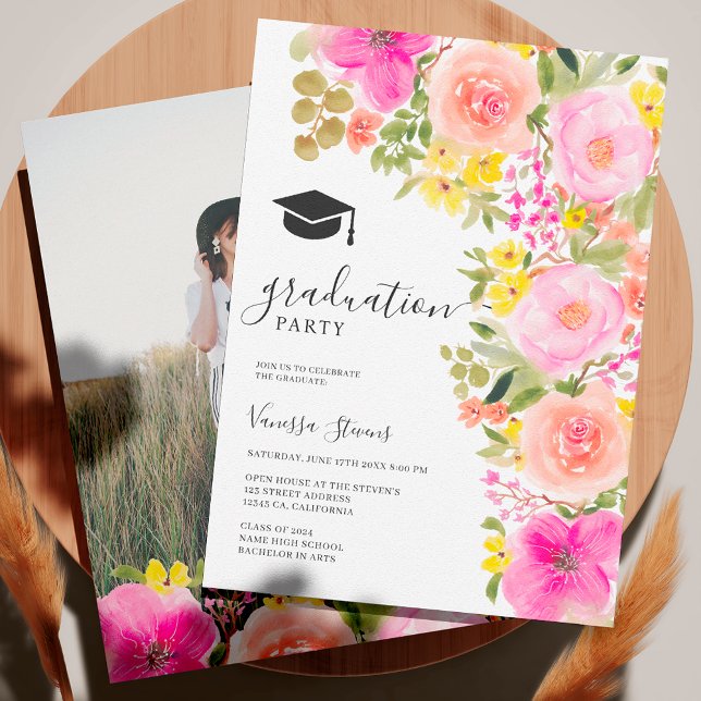 Garden bohemian watercolor flowers graduation invitation (Garden bohemian watercolor flowers graduation invitation)