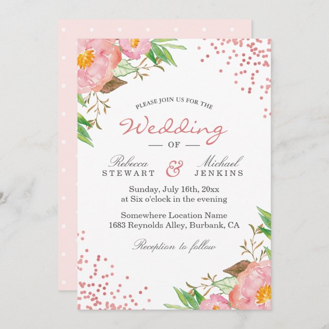 Garden Botanical Floral Polka Dots Chic Wedding Invitation (Front/Back)