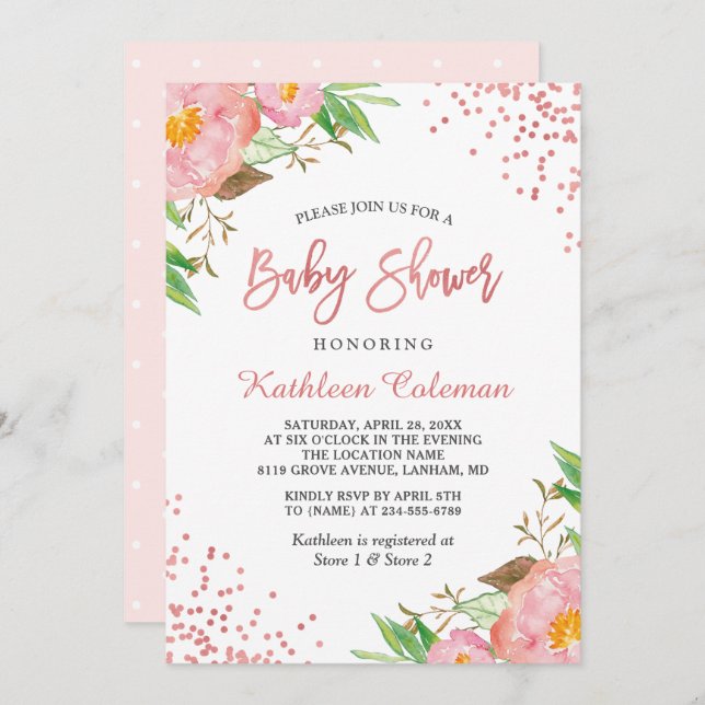 Garden Botanical Pink Floral Dots Baby Shower Invitation (Front/Back)