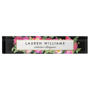 Garden Bouquet Florals Black Desk Name Plate