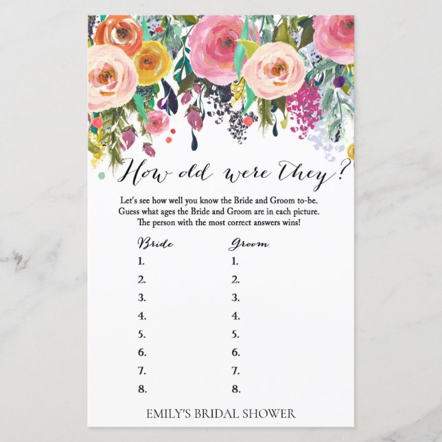 Garden Bridal Shower Game - How Old Were They (Front)