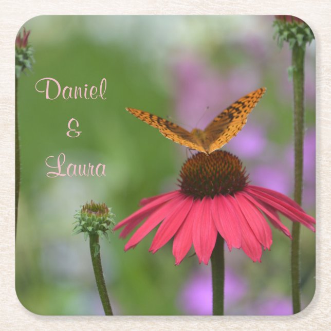 Garden Butterfly Wedding Square Paper Coaster (Front)