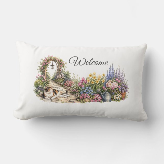Garden Cat Welcome Lumbar Cushion (Front)