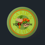 Garden Club Emblem 6 Cm Round Badge<br><div class="desc">Hands exchanging flowers or vegetables inside a "Garden Club" Emblem. Customise with Club Name,  Town Name,  Member,  Winner etc.</div>