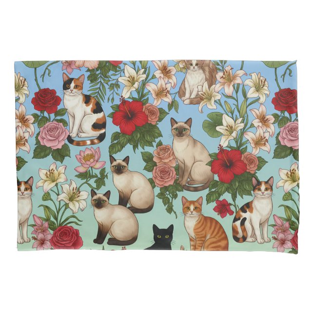 Garden Companions – Floral Cats in Bloom Pillowcase (Front)