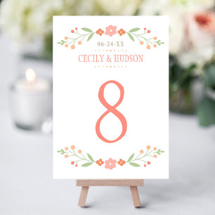 Garden Coral Green Floral Table Number Card
