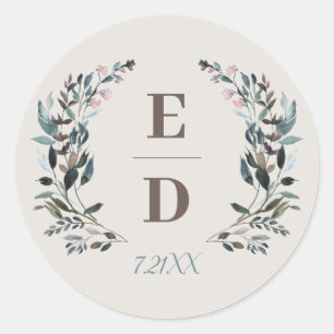 Garden Crest   Eggshell   Wedding Monogram Date Classic Round Sticker