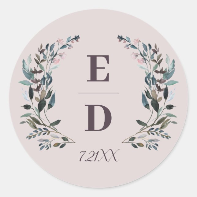Garden Crest | Mauve Purple Wedding Monogram Date Classic Round Sticker (Front)