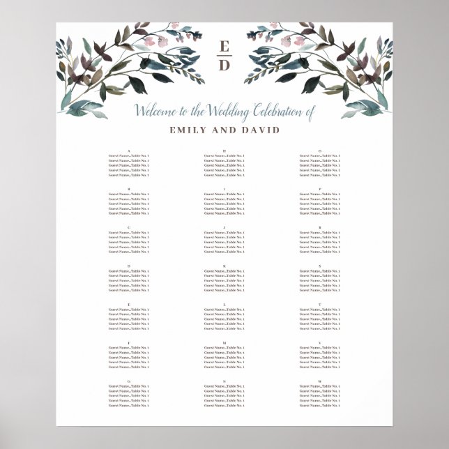 Garden Crest | White | Alphabetical Seating Chart (Front)