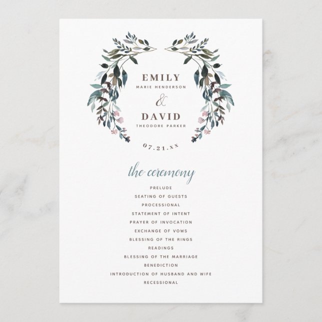 Garden Crest | White Blue Floral Wedding Ceremony Program (Front)