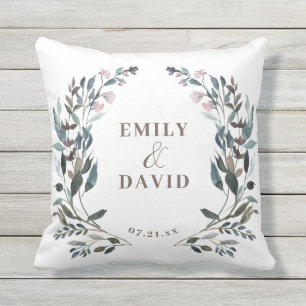 Garden Crest White Blue Floral Wedding Names Cushion