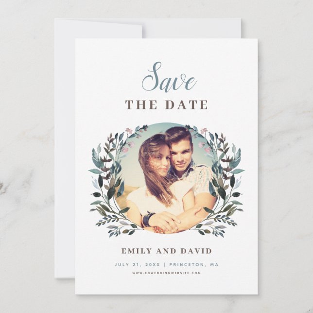 Garden Crest | White Blue Wedding Floral Photo Save The Date (Front)
