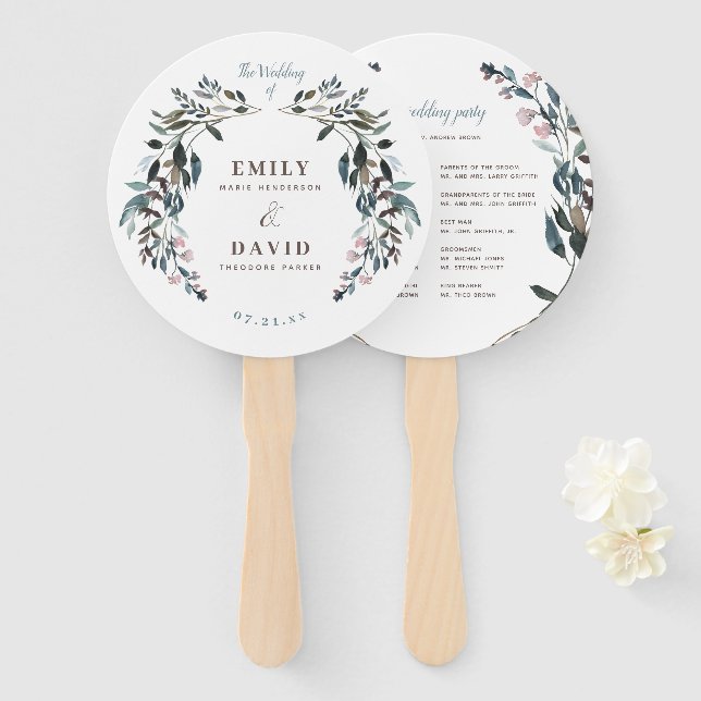 Garden Crest | White Blue Wedding Party Program Hand Fan (Front and Back)