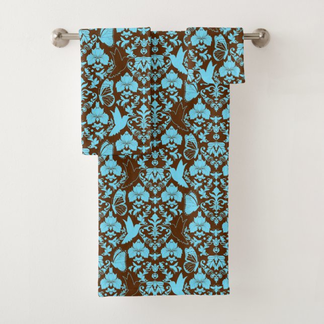 Garden Damask Brown and Turquoise Bath Towel Set (Insitu)