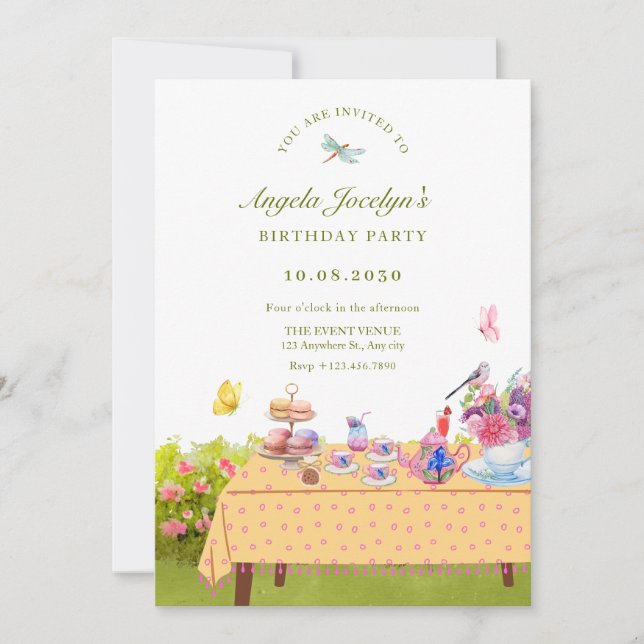 Garden dining table cup of tea nature birthday invitation (Front)