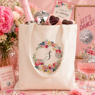 Garden Disco Floral Party Monogram Tote Bag