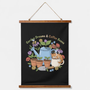 Garden Dreams & Coffee Beans Cute Cat Cottagecore  Hanging Tapestry
