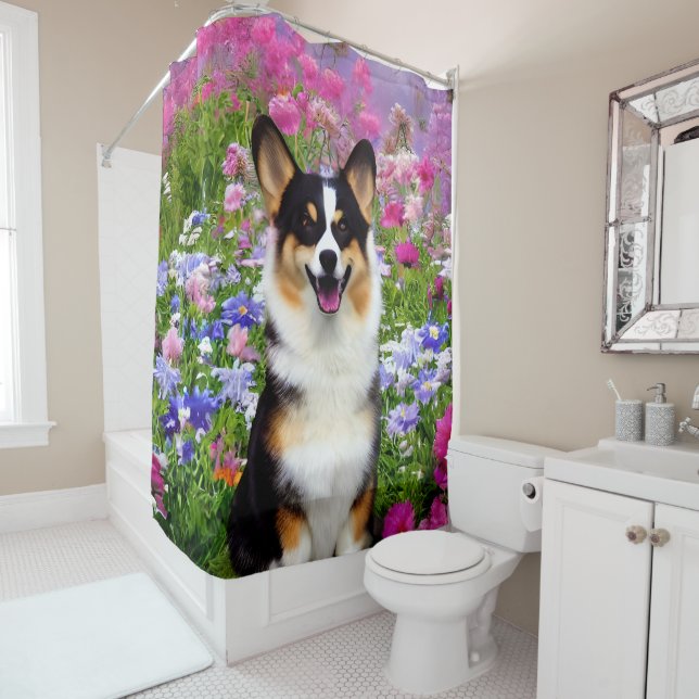 Garden Dweller Corgi Shower Curtain (In Situ)