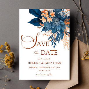 Garden Elegant Navy Blue Orange Floral Wedding Save The Date