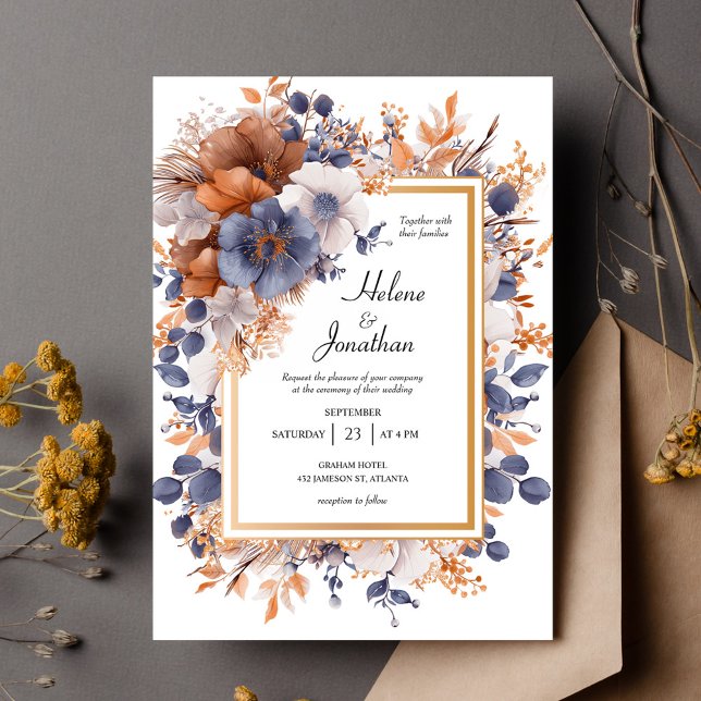 Garden Elegant Watercolor Dusty Blue Rust Wedding Invitation (Garden Elegant Watercolor Dusty Blue Rust Wedding Invitation)