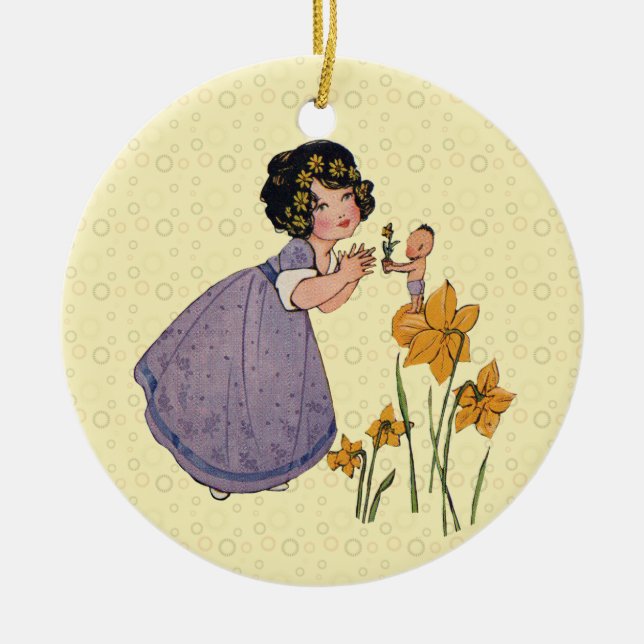 Garden Elf Daffodil Fairyland Spring Easter Ceramic Ornament (Front)