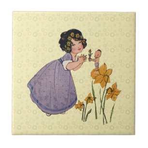 Garden Elf Daffodil Fairyland Spring Easter Ceramic Tile