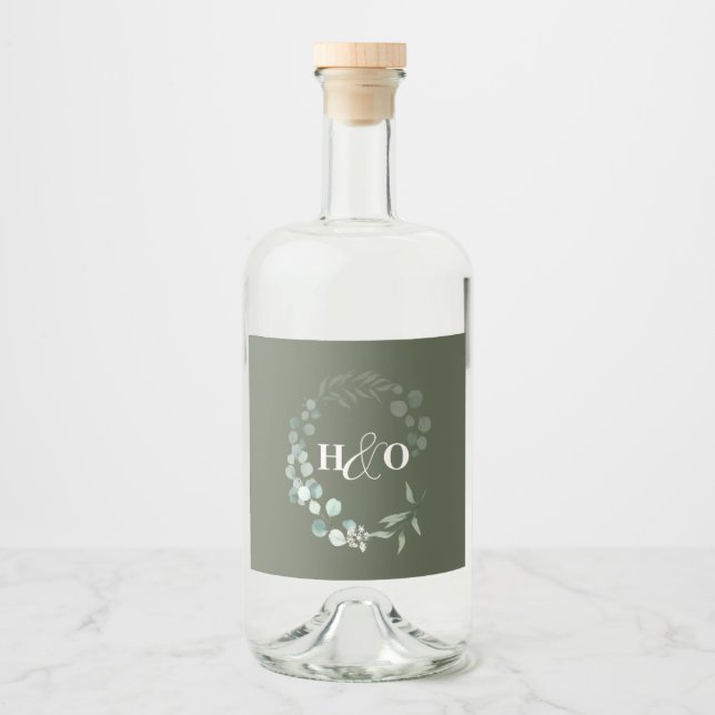 Garden Eucalyptus Monogram Wedding Liquor Bottle Label (Front)