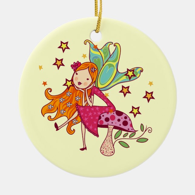 Garden Fairy on Mushroom Ceramic Tree Decoration (Front)