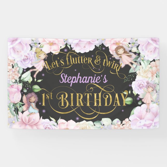 Garden fairy, pink purple flowers, 1st birthday  banner (Horizontal)