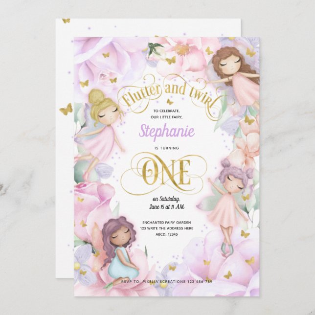 Garden Fairy themed, Girl 1st birthday Invitation (Front/Back)