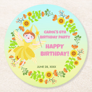 Garden Fairy with pet friends Birthday Party Round Paper Coaster