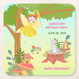 Garden Fairy with pet friends Birthday Party Square Paper Coaster