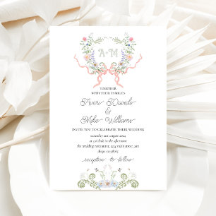 Garden Floral Bow Crest Monogram Modern Wedding Invitation