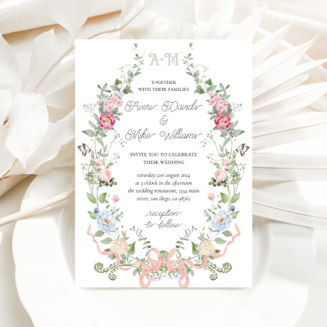 Garden Floral Bow Monogram Wedding Invitation (Creator Uploaded)