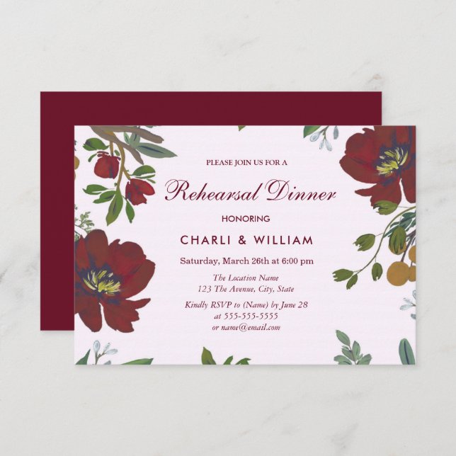 Garden Floral Burgundy Rehearsal Dinner Invitation (Front/Back)