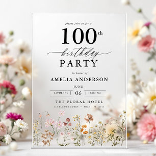 Garden Floral Calligraphy 100th Birthday Acrylic Invitations