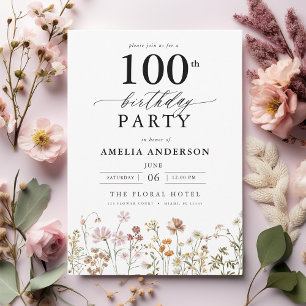 Garden Floral Calligraphy 100th Birthday Invitation