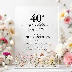 Garden Floral Calligraphy 40th Birthday Acrylic Invitations