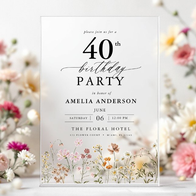 Garden Floral Calligraphy 40th Birthday Acrylic Invitations (Creator Uploaded)